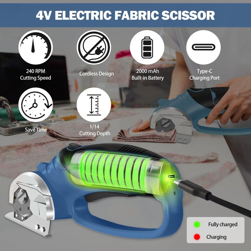 Pratuor Cordless Electric Scissors, 4V Box Cutter & Cardboard Cutter with Upgrade Blade, LED Light, Safety Lock - Rechargeable Rotary Cutter for Fabric, Leather, Plastic, Sewing, Industrial (Steel Blue) - Image 4